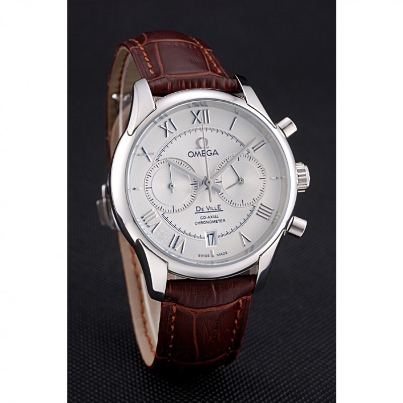 Omega DeVille Silver Bezel with White Dial and Brown Leather Strap 621566 Replica Watches