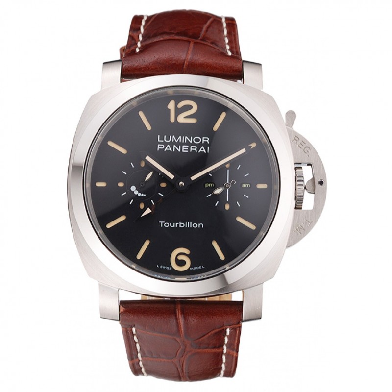 Panerai Luminor 1950 Tourbillon GMT Black Dial Stainless Steel Case Brown Leather Strap Replica Watches