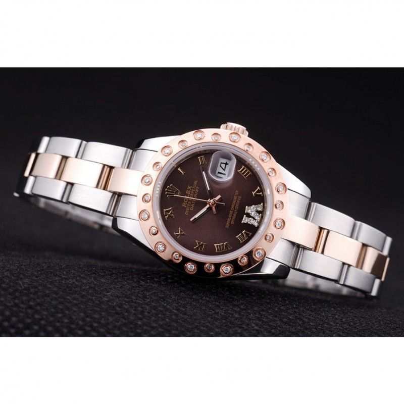 Rolex Datejust Diamonds Rose Gold Polished Bezel Brown Dial 7475 Replica Watches