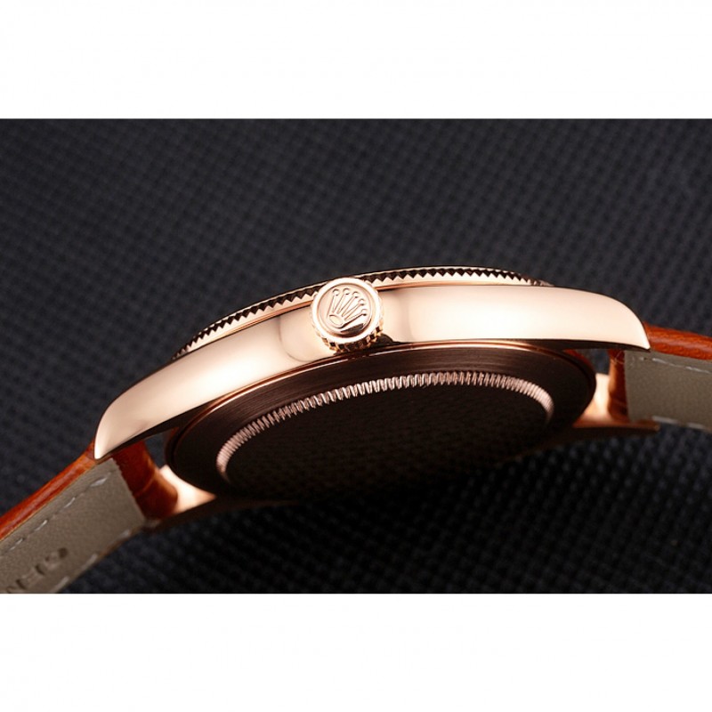 Swiss Rolex Cellini Black Dial Roman Numerals Rose Gold Case Light Brown Leather Strap Replica Watches